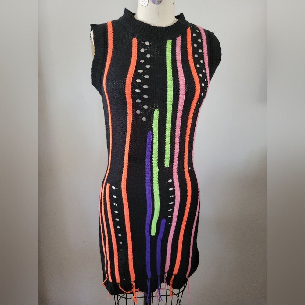 Black Knit Dress with Colorful Stripes